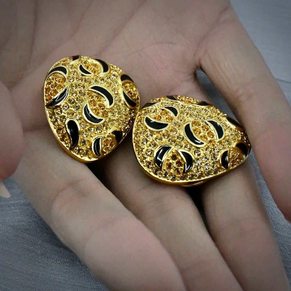 Vintage Christian Dior Black Enamel Earrings W/Rhinestones Gold Tone Authentic